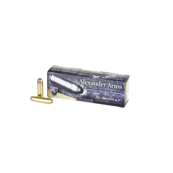 Alexander Arms .50 Beowulf 350-grain XTP ammunition with upright and horizontal cartridges