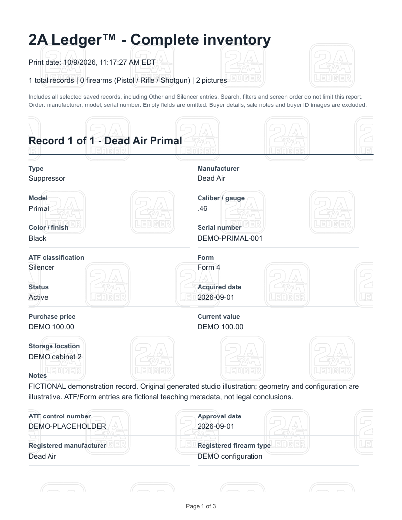 First page of an actual 2A Ledger record printout, showing fictional Dead Air Primal details and repeated 2A Ledger watermarks