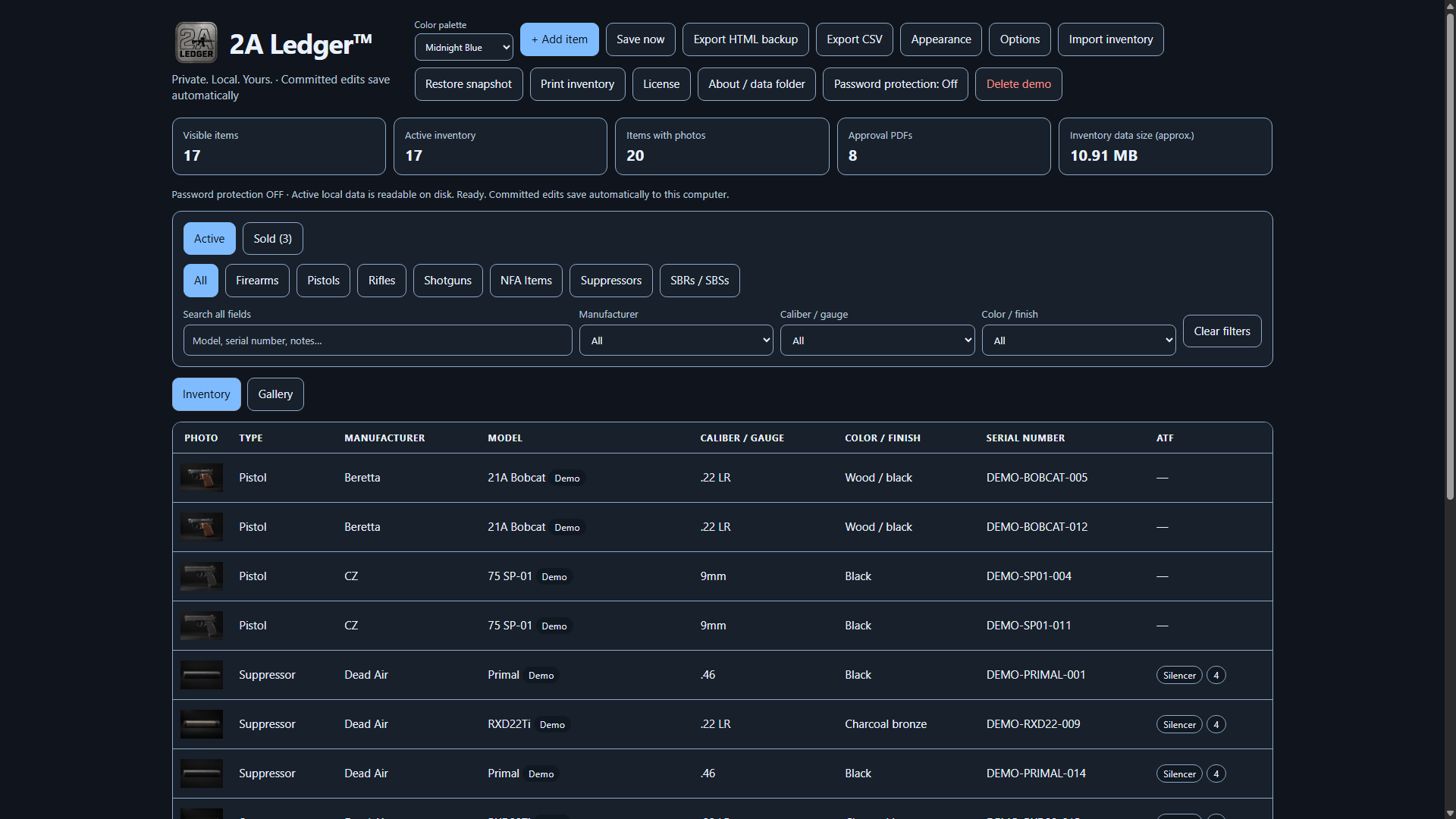 2A Ledger 0.5.2-rc.51 desktop inventory with fictional demonstration records